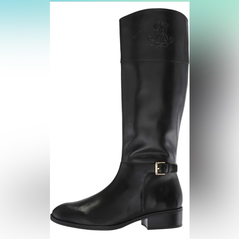 Ralph Lauren Madison Black Leather Riding Boots, Zipper 1” Heel,Size 7 Wide Calf